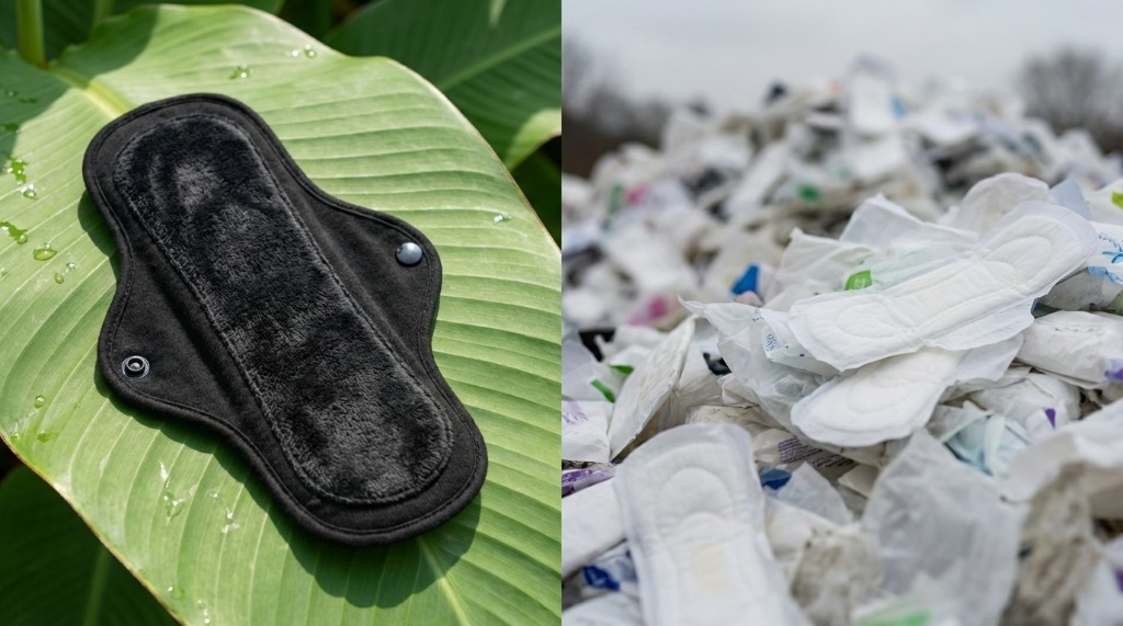 LunaSoft reusable pad on a green leaf vs disposable pad waste in landfill — the sustainable choice