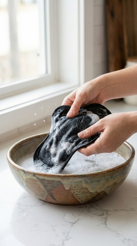 Washing a LunaSoft bamboo charcoal pad in a ceramic bowl